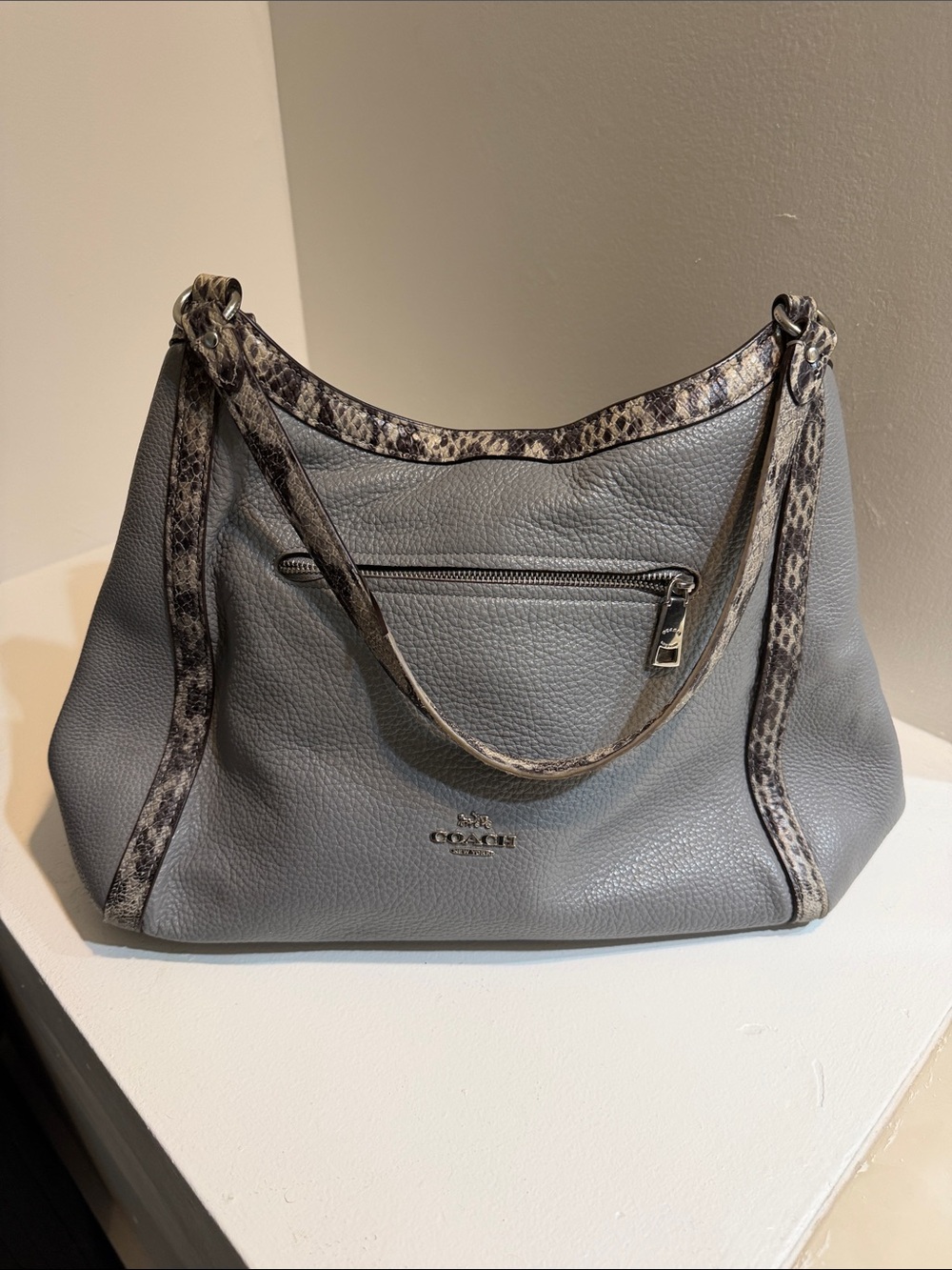 Coach Gray Pebbled Leather Shoulder Bag with Snake-Print Trim